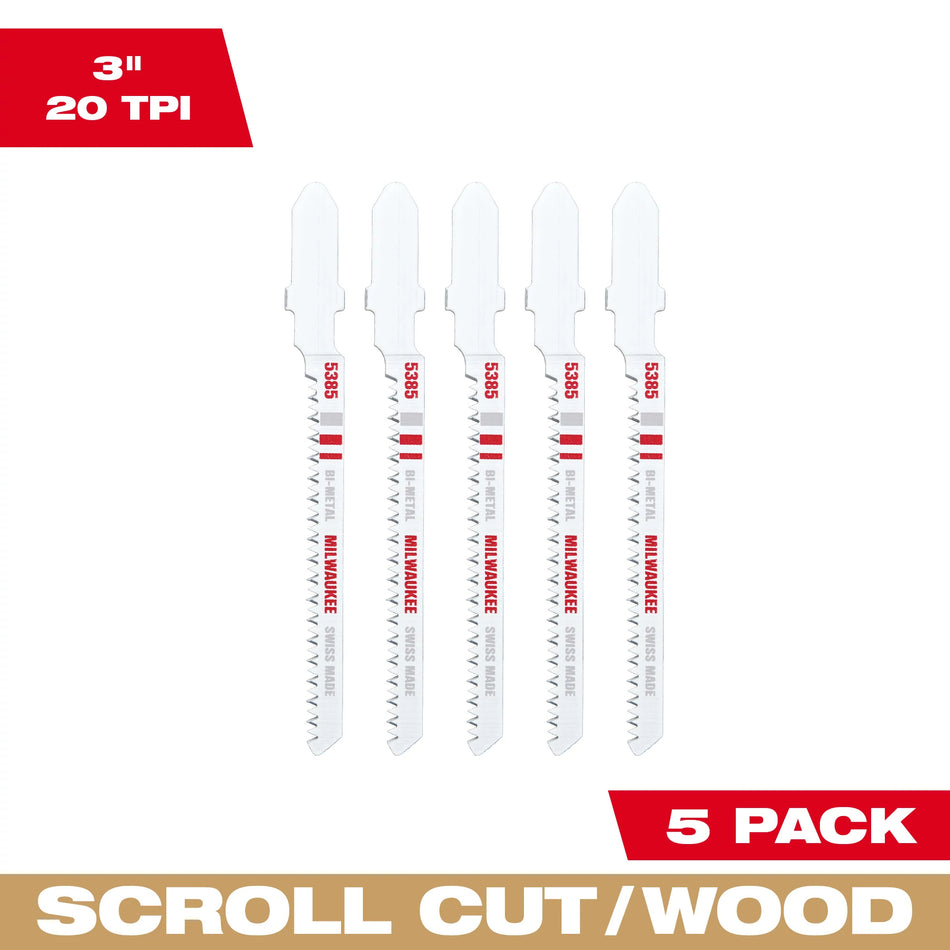 Milwaukee 48-42-5385, 3" 20 TPI Bi-Metal Jig Saw Blade (5/pkg)