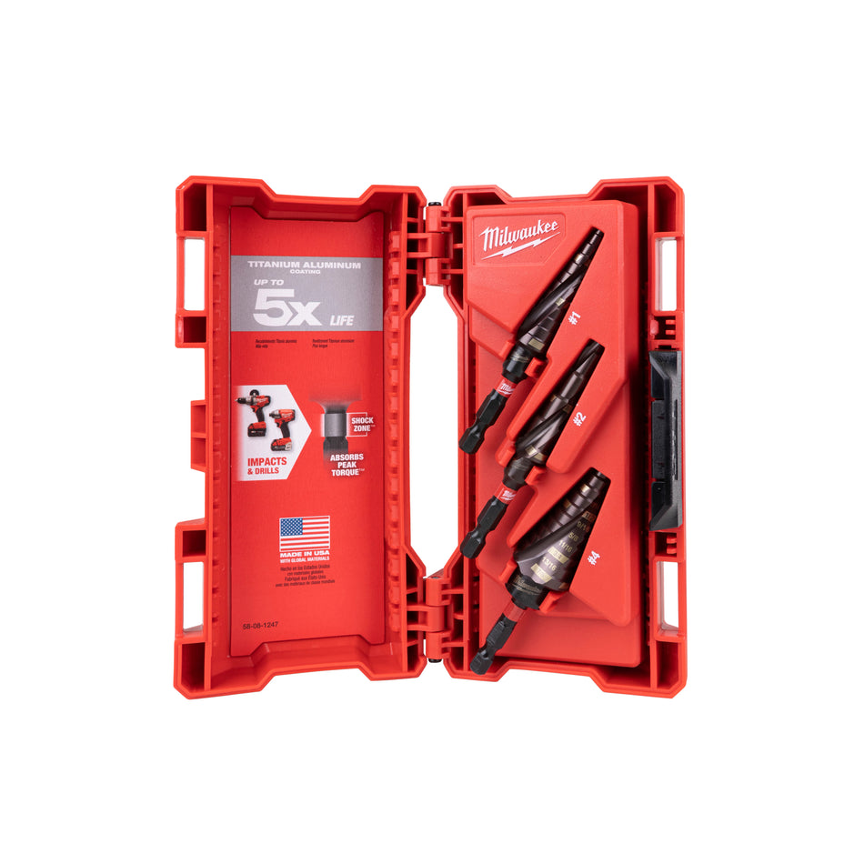 Milwaukee 48-89-9257, SHOCKWAVE Impact Duty Step Drill Bit Electrician Set (#1, #4, #9)
