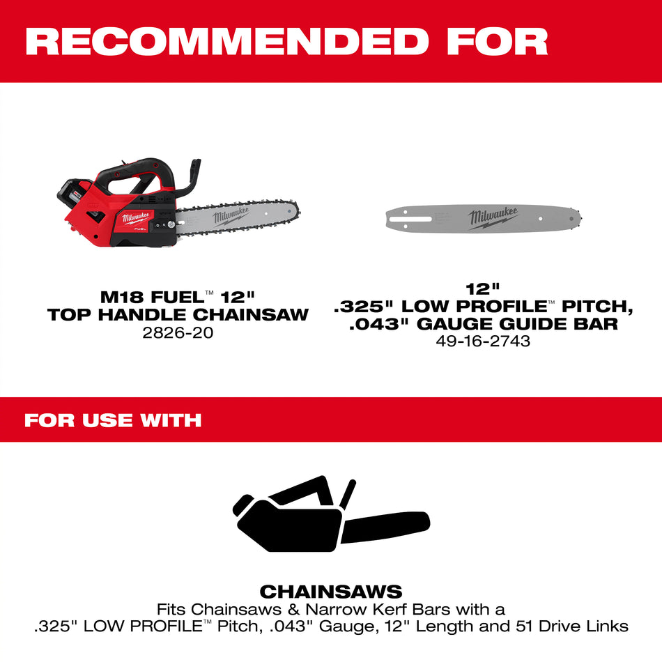 Milwaukee 49-16-2742, 12" Top Handle Chainsaw Chain