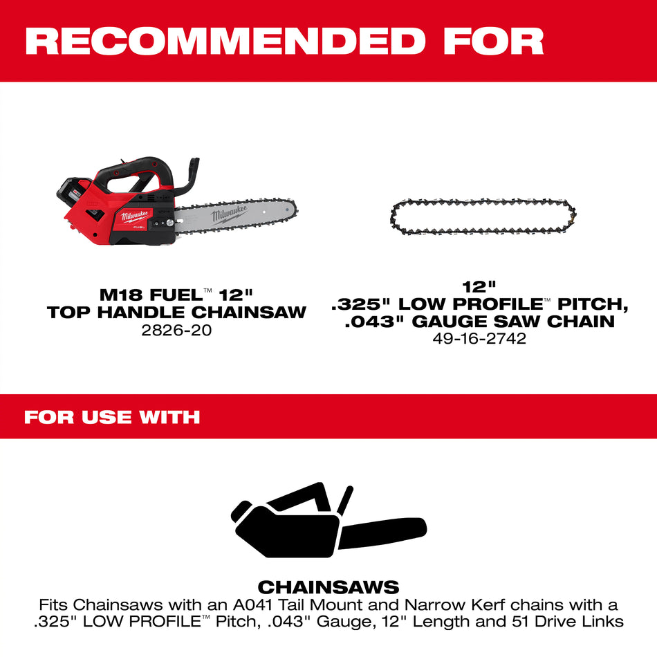 Milwaukee 49-16-2743, 12" Top Handle ChainSaw Guide Bar