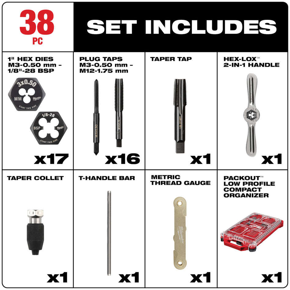 Milwaukee 49-22-5603, 38PC Metric Tap & Die PACKOUT™ Set w/ HEX-LOK™ 2-in-1 Handle