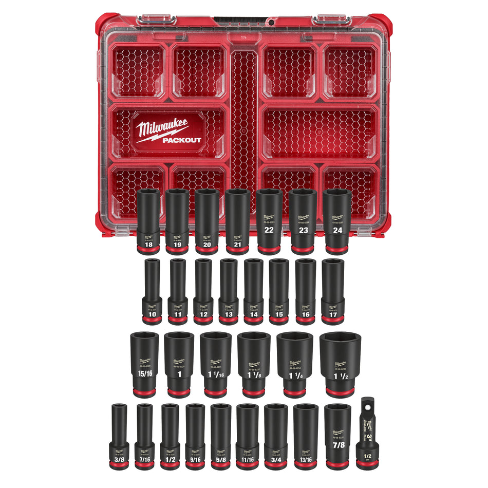 Milwaukee 49-66-6806, SHOCKWAVE Impact-Duty 1/2 in. Drive Metric and SAE Deep Well Impact PACKOUT Socket Set (31-Piece)