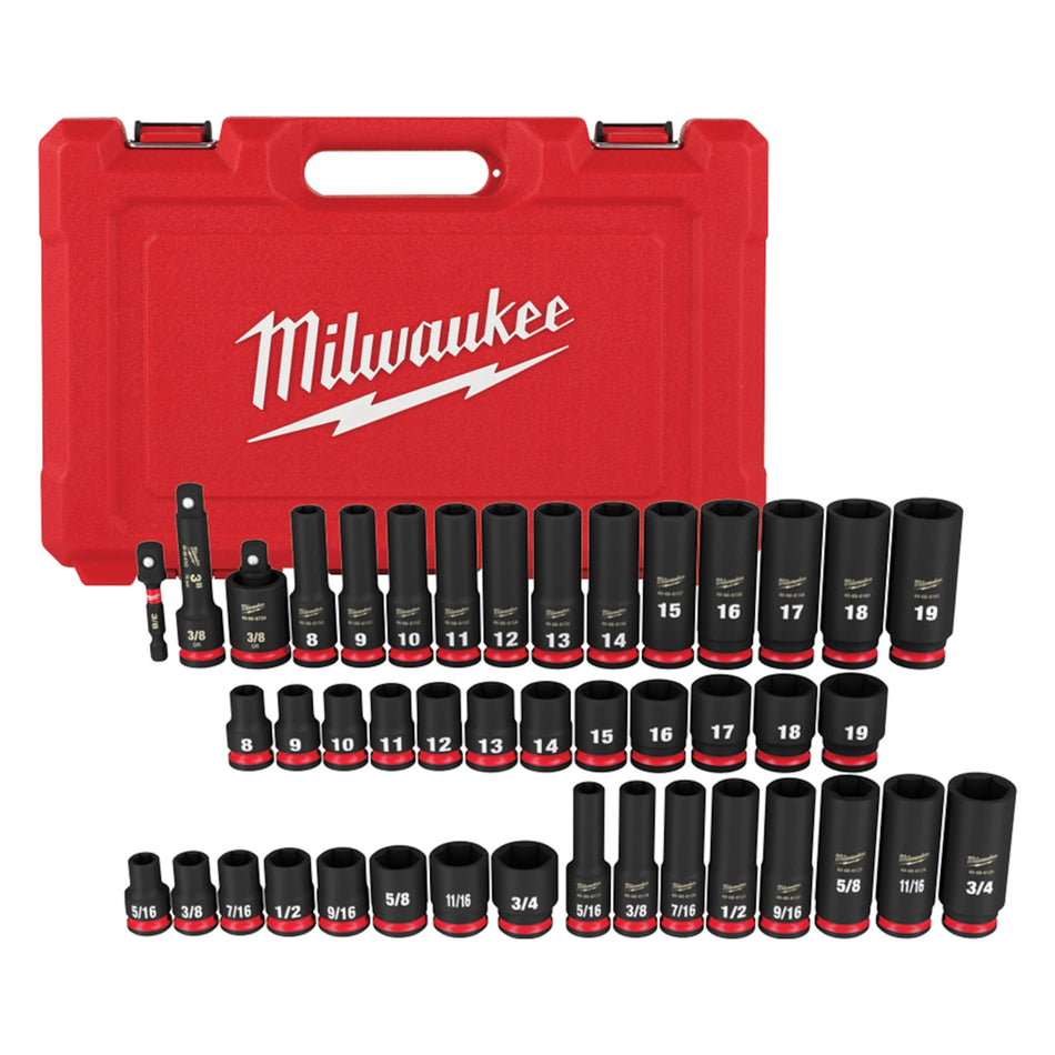 Milwaukee 49-66-7009, 3/8" Drive SHOCKWAVE Impact Duty SAE & Metric Deep 6 Point Socket Set - 43 Piece