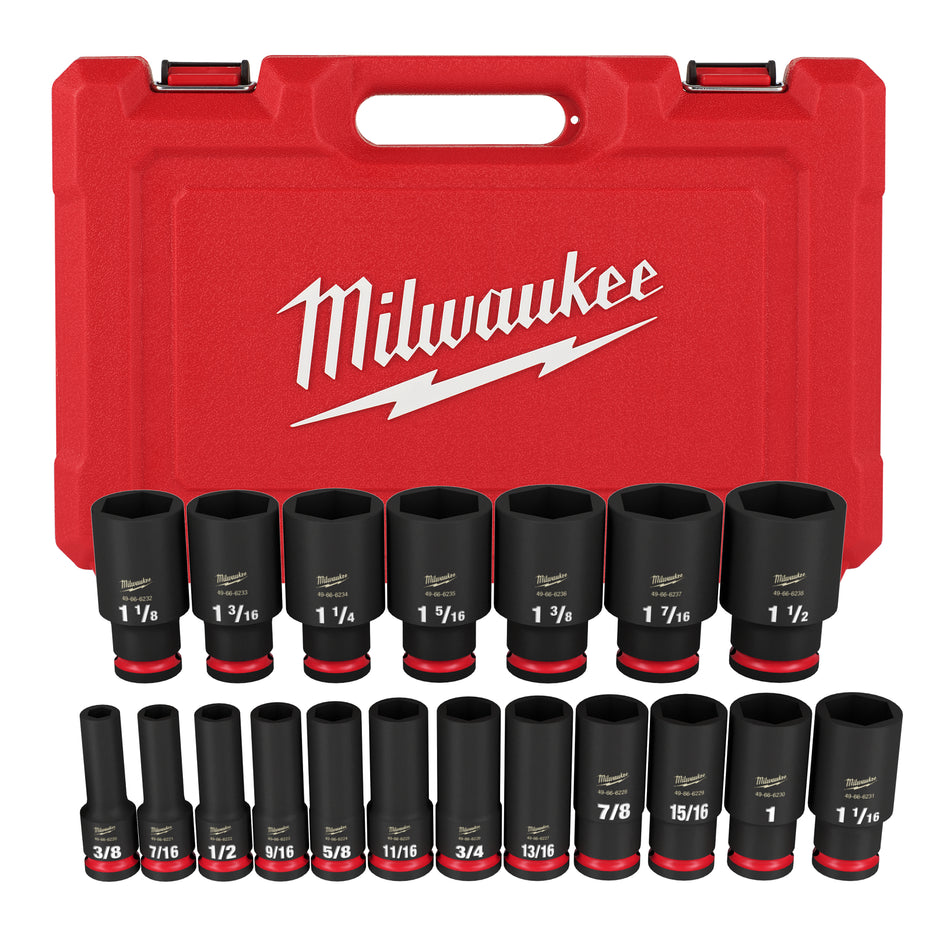 Milwaukee 49-66-7012, 1/2" Drive SHOCKWAVE Impact Duty SAE Deep 6 Point Socket Set - 19 Piece