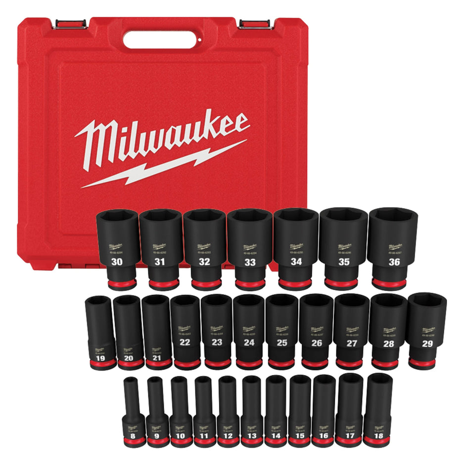 Milwaukee 49-66-7015, 1/2" Drive SHOCKWAVE Impact Duty Metric Deep 6 Point Socket Set - 29 Piece