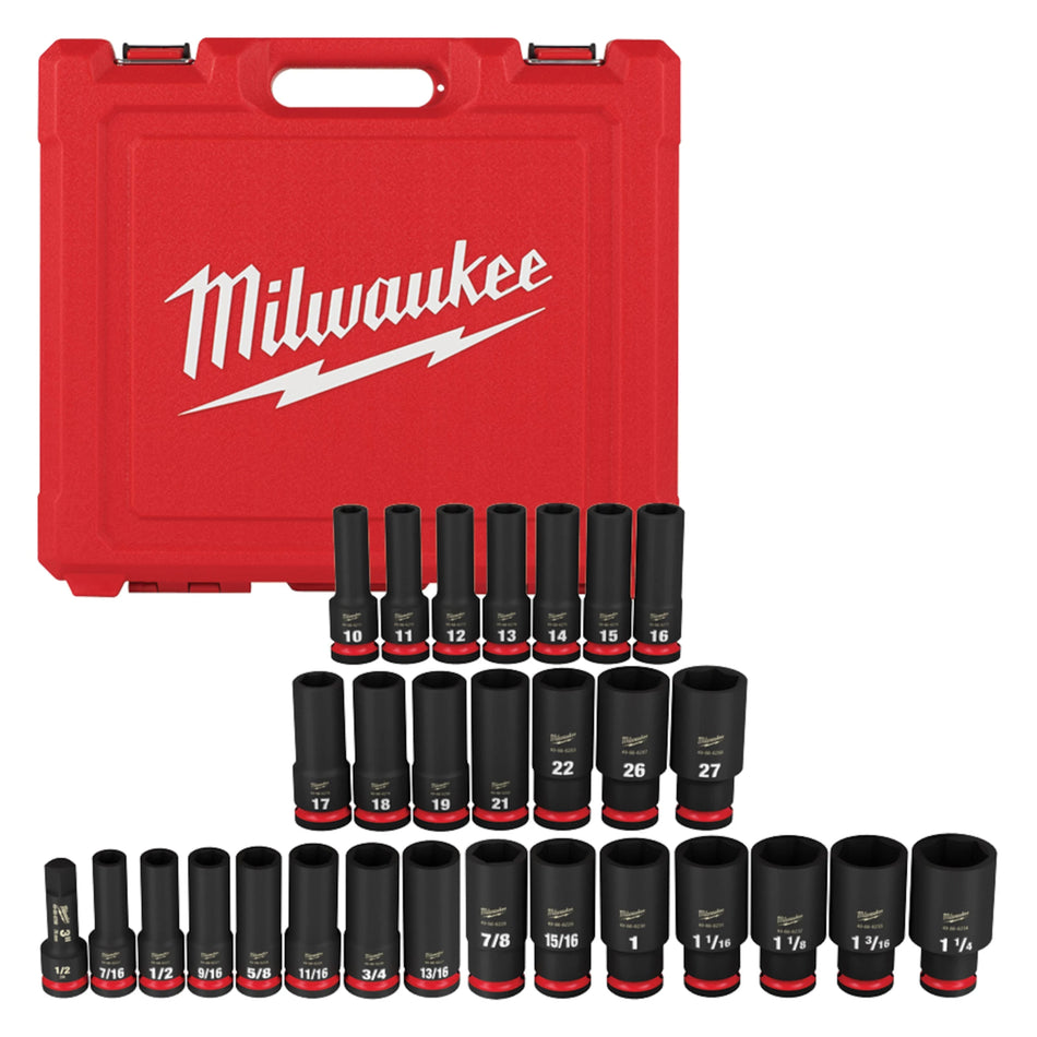 Milwaukee 49-66-7016, 1/2" Drive SHOCKWAVE Impact Duty SAE & Metric Deep 6 Point Socket Set - 29 Piece