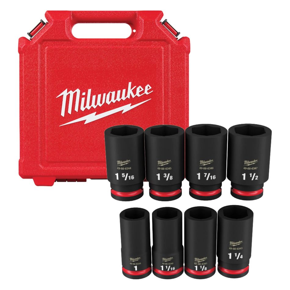 Milwaukee 49-66-7018, 3/4" Drive SHOCKWAVE Impact Duty SAE Deep 6 Point Socket Set - 8 Piece