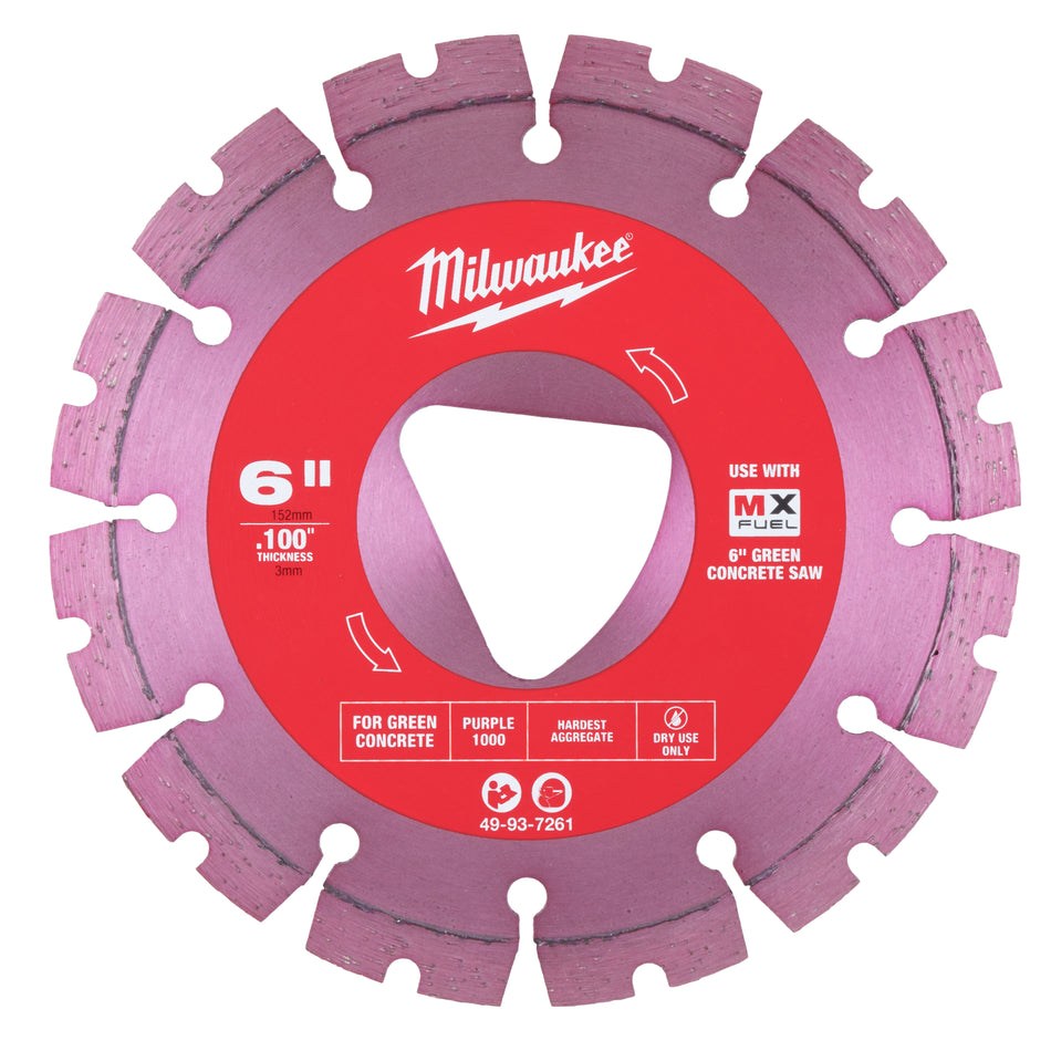 Milwaukee 49-93-7261, Purple 6” x .100” Diamond Blade for Green Concrete