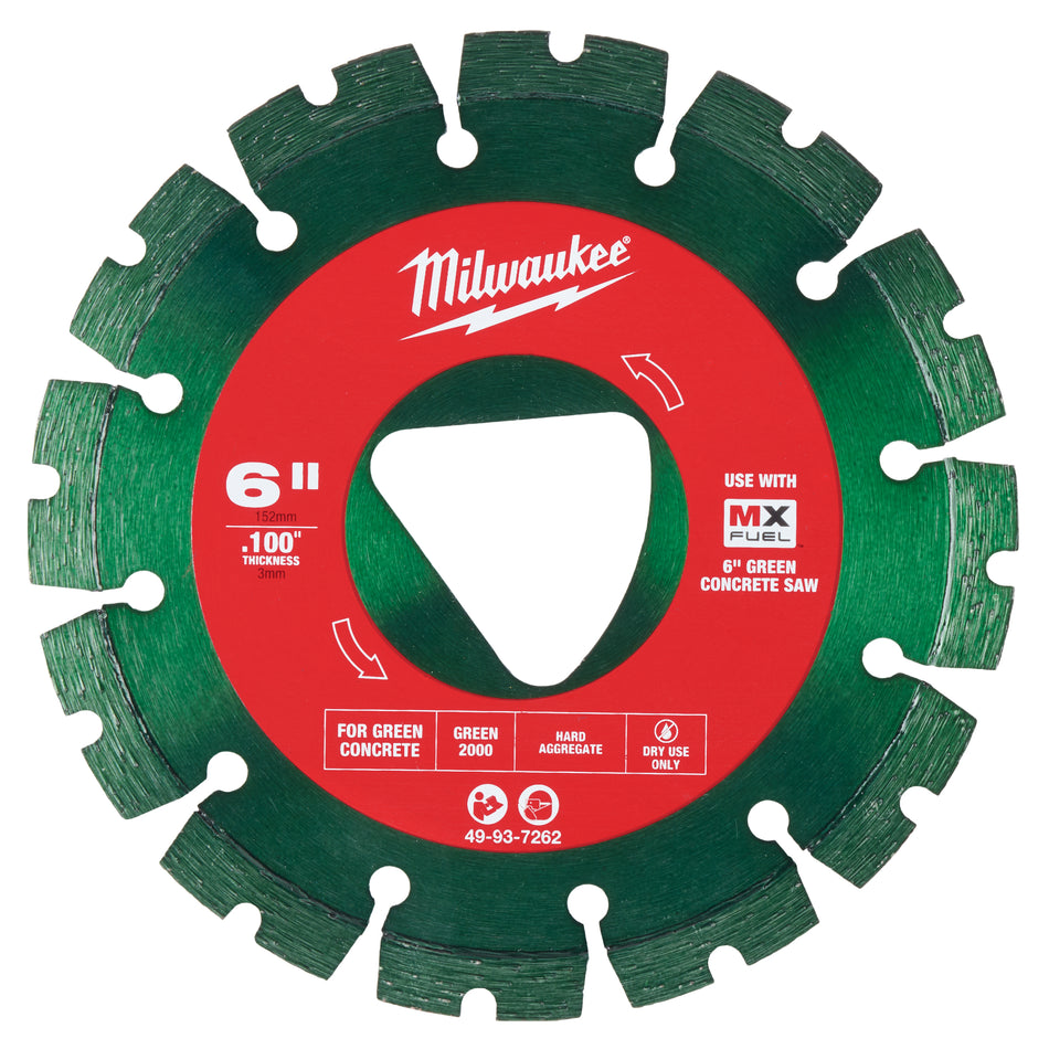 Milwaukee 49-93-7262, Green 6” x .100” Diamond Blade for Green Concrete