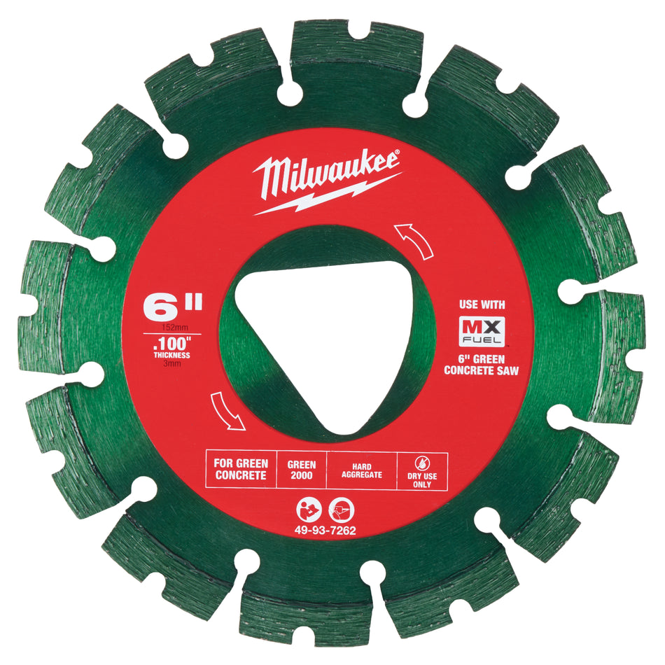 Milwaukee 49-93-7262, Green 6” x .100” Diamond Blade for Green Concrete