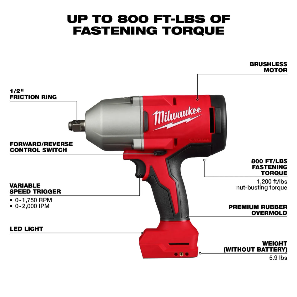 Milwaukee 2666-20, M18™ Brushless 1/2" High Torque Impact Wrench w/ Friction Ring