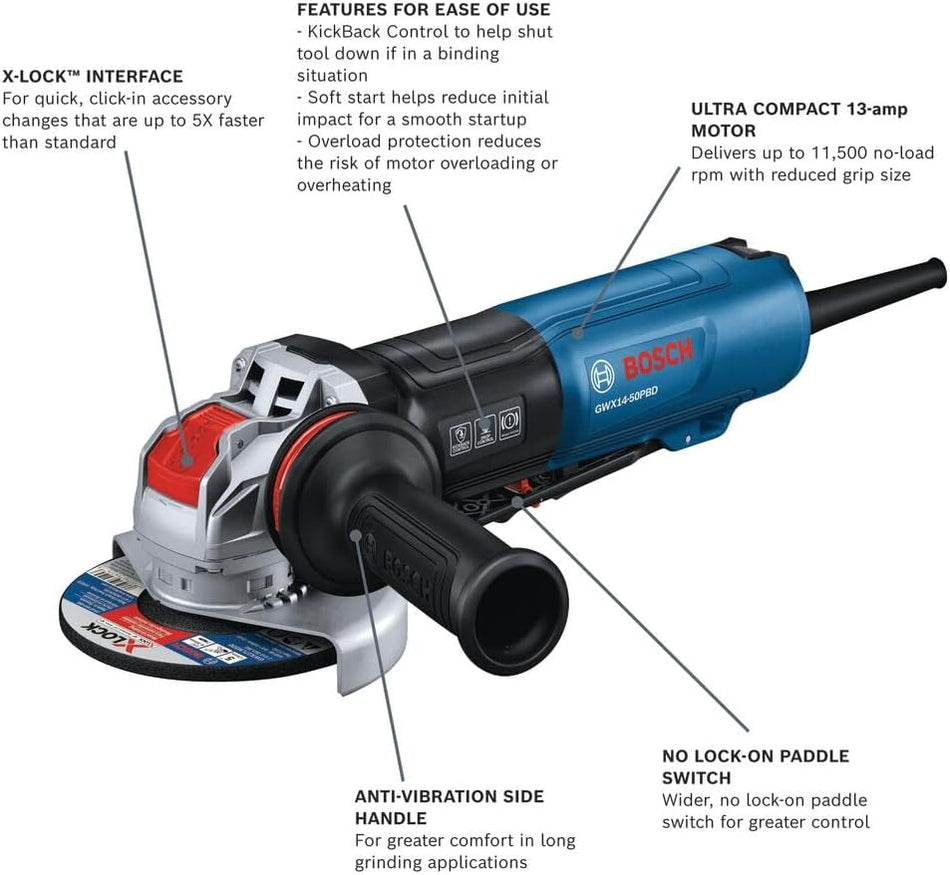 BOSCH GWX14-50PBD, 5 In. X-LOCK Angle Grinder with Brake and No Lock-On Paddle Switch