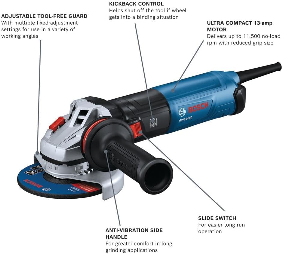 BOSCH GWS14-50, 5 In. Angle Grinder Compact Powerful 13-Amp Motor with Slide Switch - High Performance for Grinding and Cutting