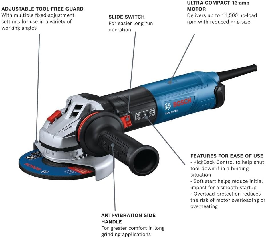 BOSCH GWS14-50B, 5 In. Angle Grinder Compact Powerful Motor with Slide Switch and Brake for High Performance Grinding and Cutting Applications