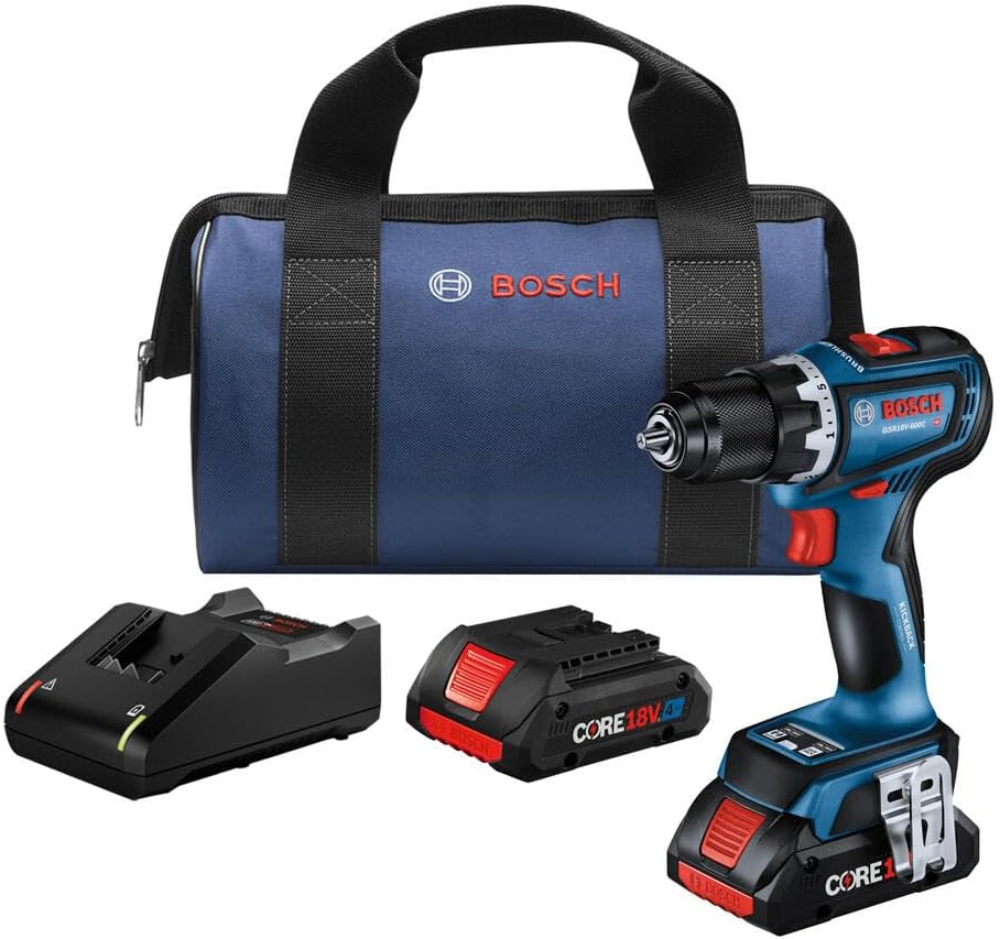 BOSCH GSR18V-800CB24, 18V Brushless Connected-Ready 1/2 In. Drill/Driver Kit with (2) CORE18V® 4 Ah Advanced Power Batteries