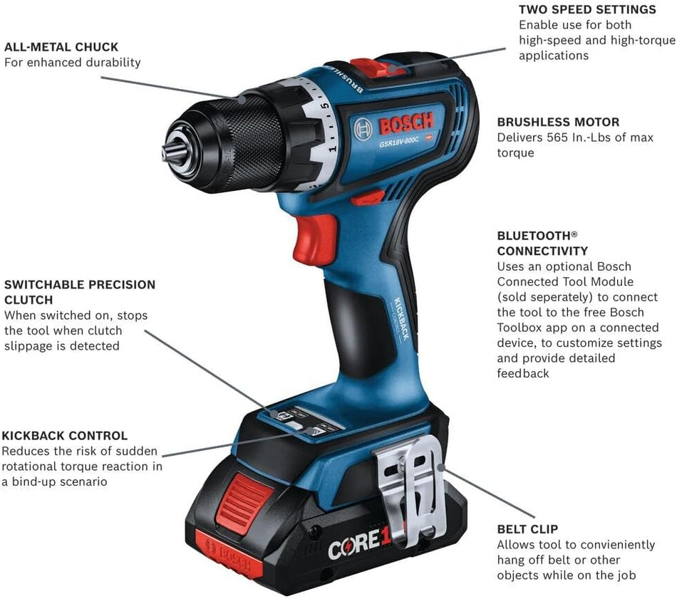 BOSCH GSR18V-800CB24, 18V Brushless Connected-Ready 1/2 In. Drill/Driver Kit with (2) CORE18V® 4 Ah Advanced Power Batteries
