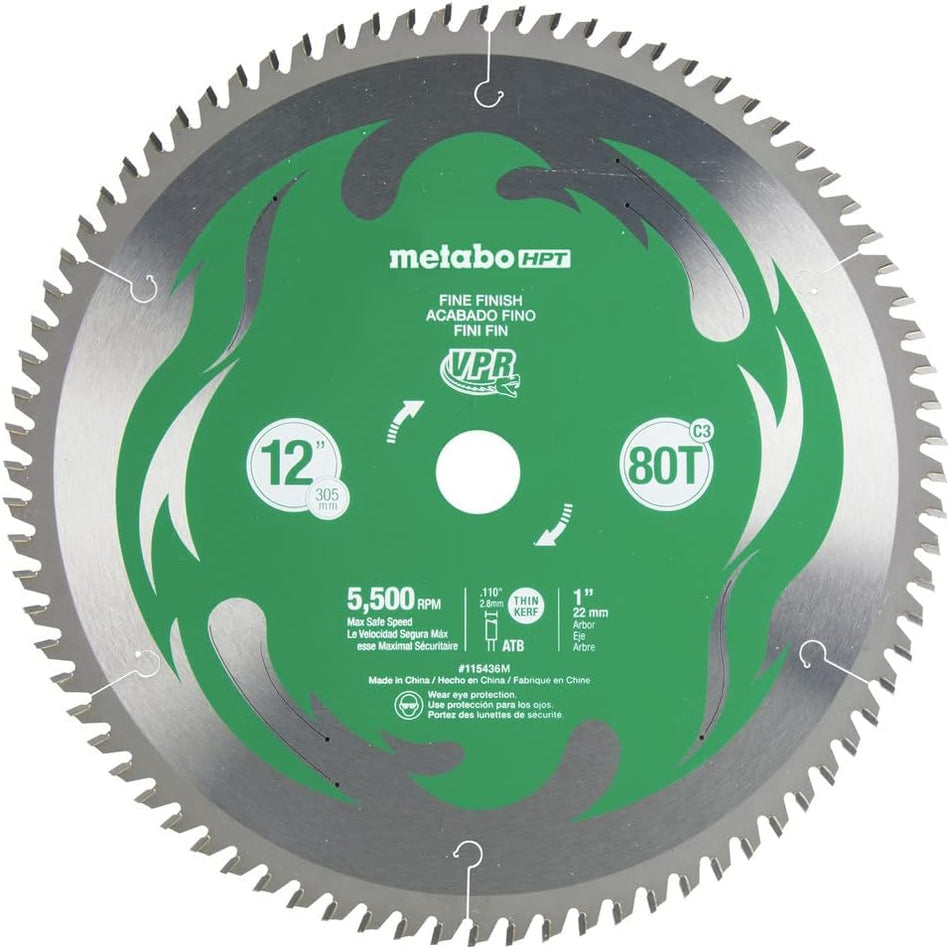 Metabl HPT 115436M, 12-Inch Miter Saw Blade, 80T, Fine Finish, 1-Inch Arbor, Thin Kerf, 5500 Max RPM