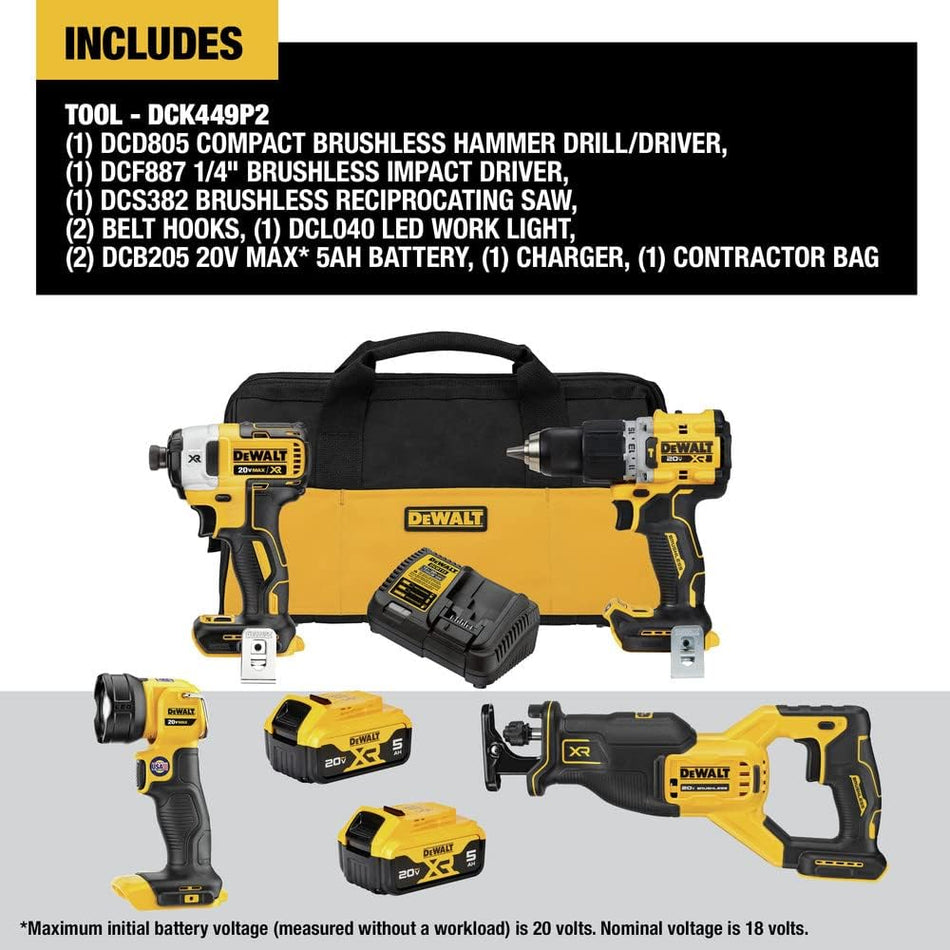 DEWALT DCK449P2, 20V Max XR 4 Tool Combo Kit (5.0AH)