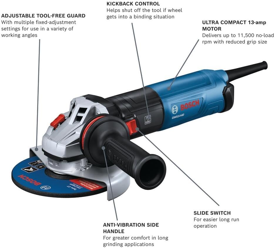 BOSCH GWS14-60, 6 In. Angle Grinder with Slide Switch Compact Powerful, and Ergonomic for Grinding and Cutting Applications