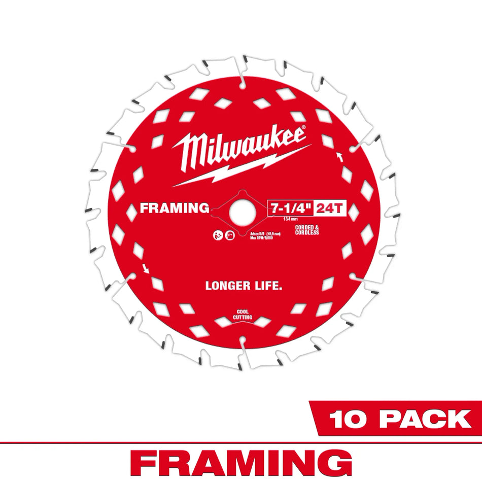 Milwaukee 48-41-0720, 7-1/4" 24T Framing Circular Saw Blades (10/pkg)