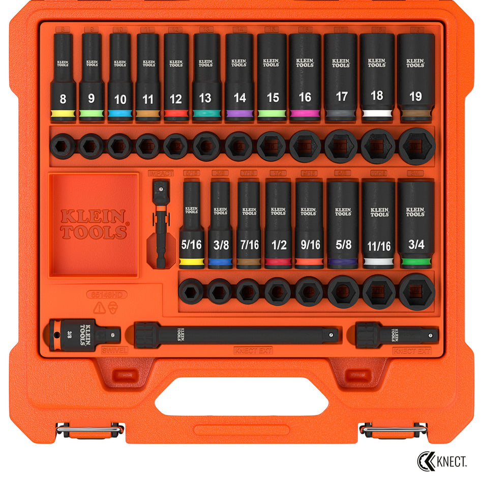 Klein Tools 65148HD, KNECT™ 3/8-Inch Deep and Shallow Impact Socket Set, SAE/Metric, 44-Piece
