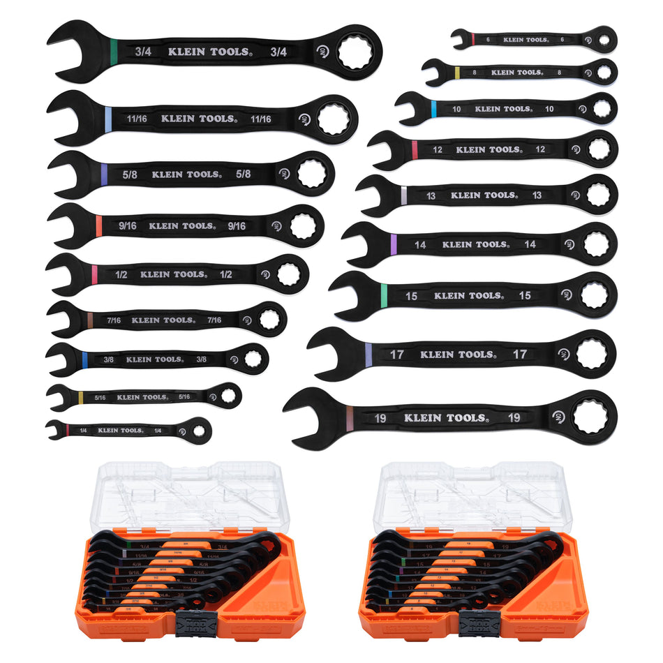 Klein Tools 69418CG, Ratcheting Combination Wrench Set, SAE/Metric, 18-Piece