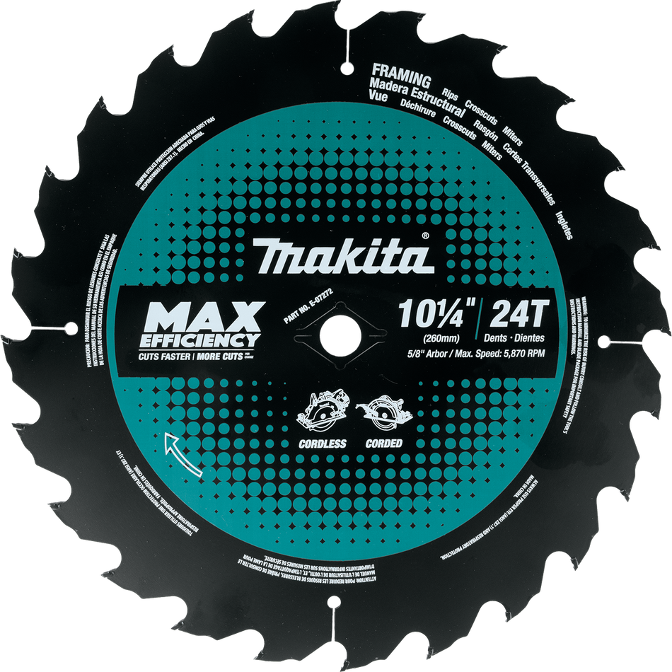Makita E-07272,  10‑1/4" 24T Carbide‑Tipped Max Efficiency Circular Saw Blade, Framing