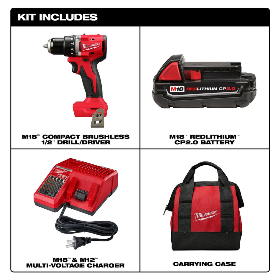 Milwaukee 3601-21P, M18 Compact Brushless 1/2" Drill/Driver Kit