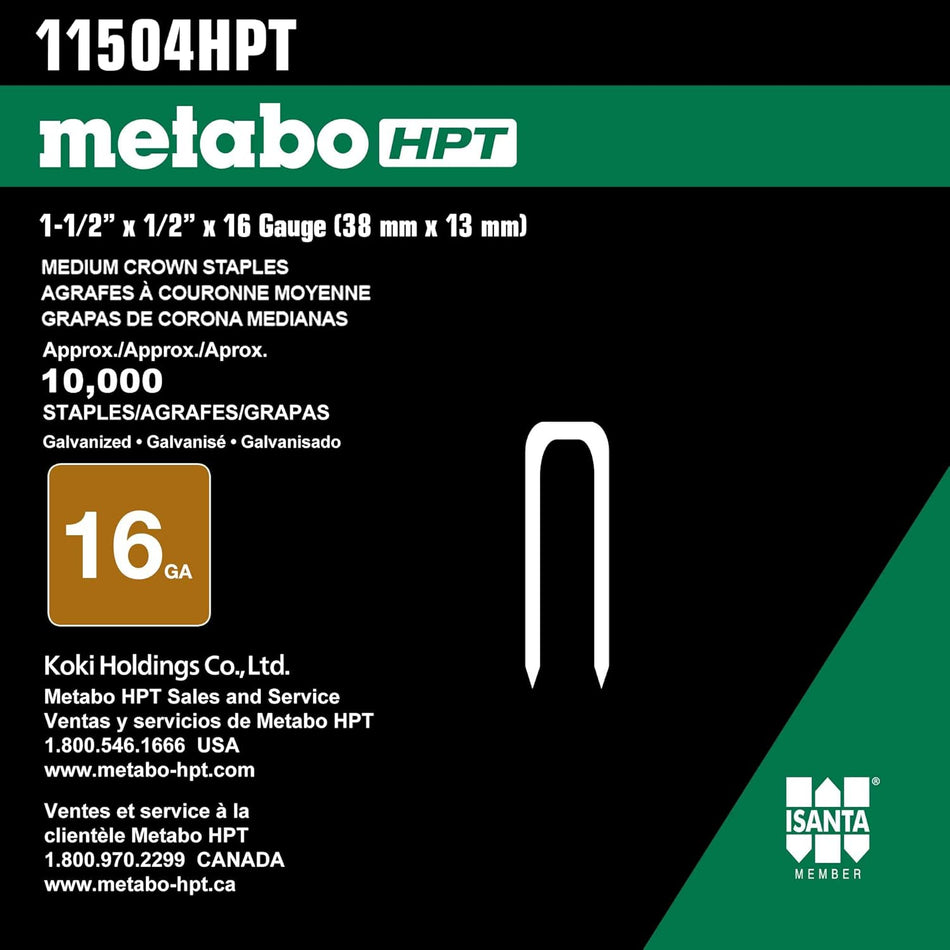 Metabo HPT 11504HHPT, GS Series Staples 16 Gauge 1/2'' Crown 1-1/2'' Length (10M/Box)