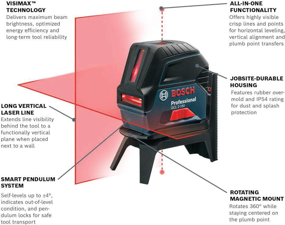 BOSCH GCL 2-160, Self-Leveling Cross-Line Laser with Plumb Points