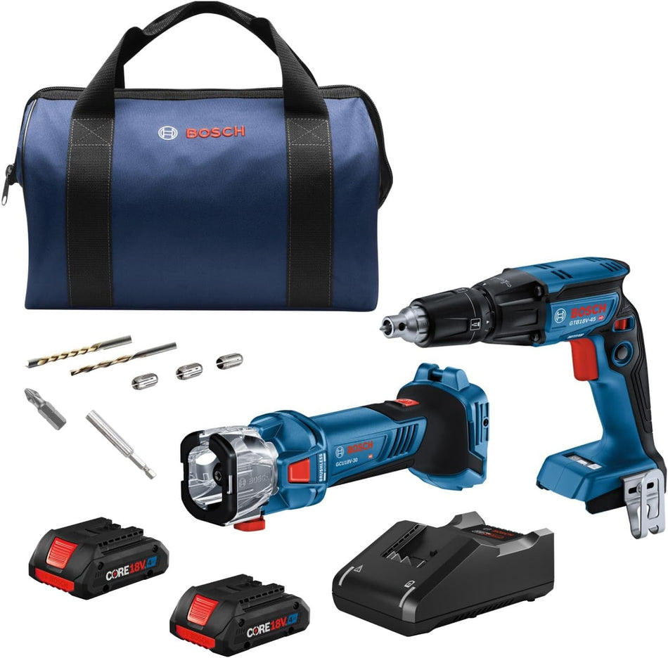 BOSCH GXL18V-291B25, 18V 2-Tool Combo Kit with Brushless Screwgun, Brushless Cut-Out Tool and (2) CORE18V® 4 Ah Advanced Power Batteries
