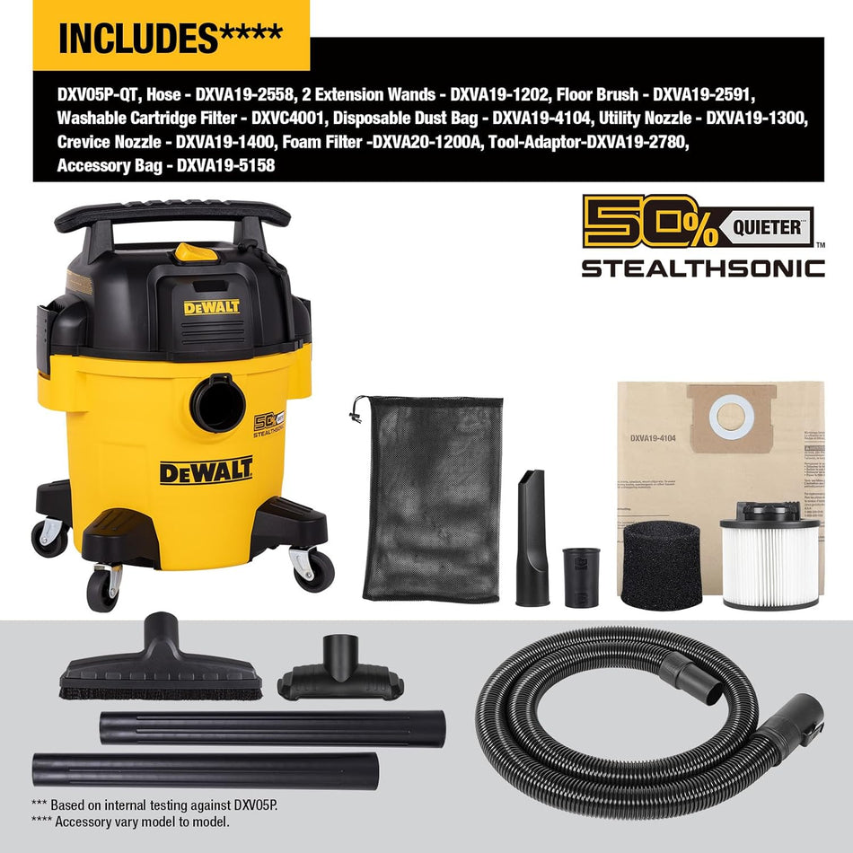 DEWALT DXV05PQT, 5 Gallon STEALTHSONIC Ultra Quiet Poly Shop Vacuum Wet/Dry