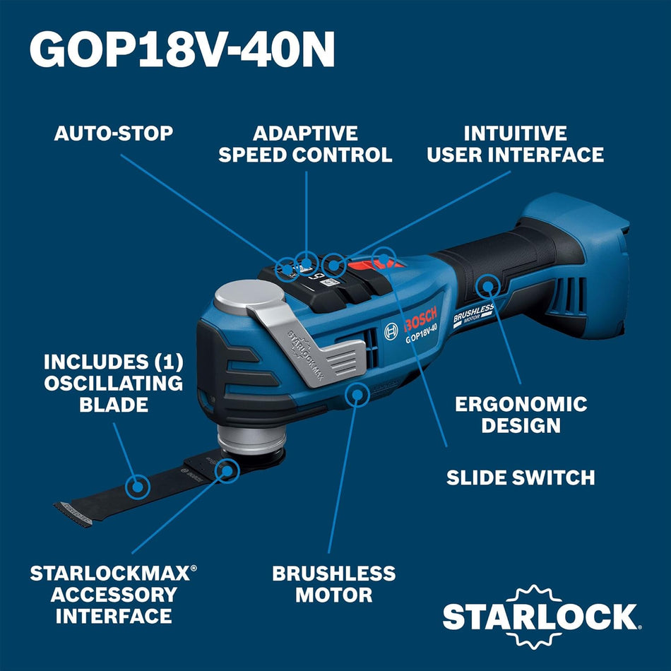 BOSCH GOP18V-40N, 18V Brushless StarlockMax Oscillating Tool w/ 4° Oscillation (Bare Tool)