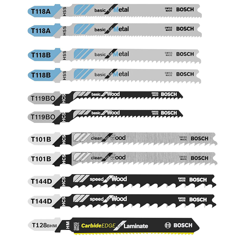 BOSCH T11C, 11 pc. Laminate/Wood/Metal T-Shank Jig Saw Blade Set