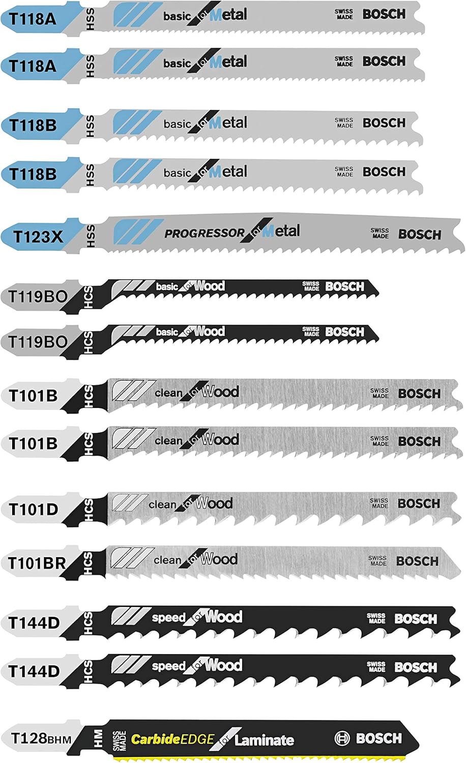BOSCH T14C, 14 pc. Laminate/Wood/Metal T-Shank Jig Saw Blade Set T14C