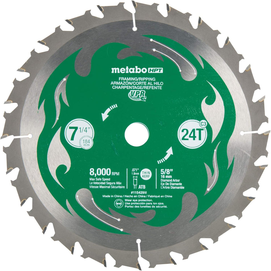 Metabl HPT 115429M, 7-1/4”, 24T Framing/Ripping VPR Blades, High Performance Micro Grain Tungsten Carbide, 5/8" Diamond Arbor, 3-Pack