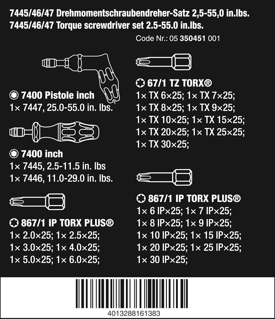Wera 05350451001, 7445/46/47 KRAFTFORM TORQUE SCREWDRIVER SET 2.5-55.0 IN.LBS., 27 PIECES