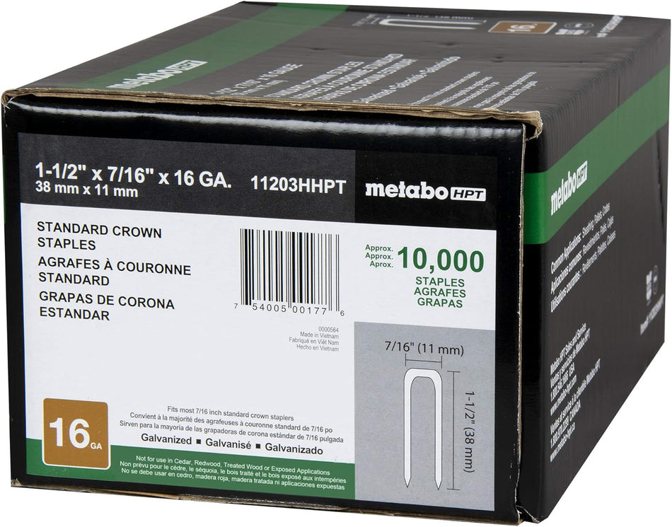 Metabo HPT 11203HHPT, N Series Staples 16 Gauge 7/16'' Crown 1-1/2'' Length (10M/Box)