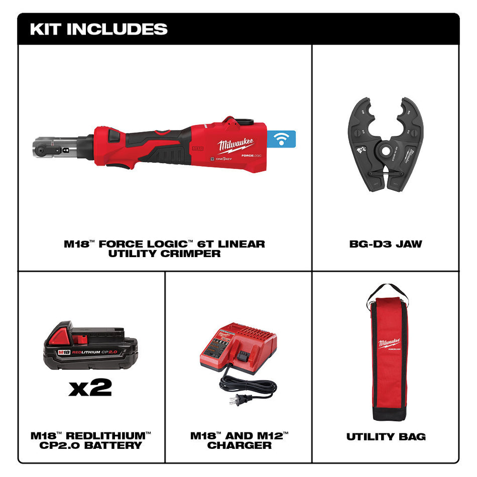 Milwaukee 2978-22BG, M18™ FORCE LOGIC™ 6T Linear Utility Crimper Kit w/ BG-D3 Jaw