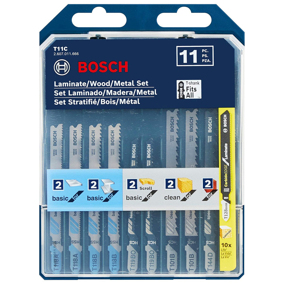 BOSCH T11C, 11 pc. Laminate/Wood/Metal T-Shank Jig Saw Blade Set