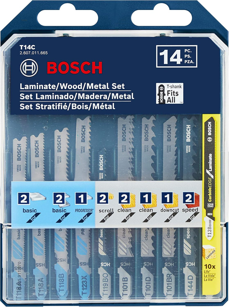 BOSCH T14C, 14 pc. Laminate/Wood/Metal T-Shank Jig Saw Blade Set T14C