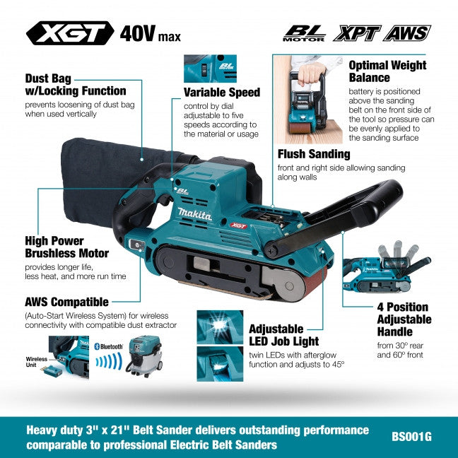 Makita BS001GZ, 40V Max XGT Brushless 3" X 21" Belt Sander (Tool Only)