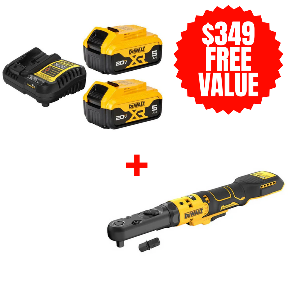 DCB205-2C + DCF510B, 20V MAX XR Premium Lithium-Ion 5Ah Starter Kit + FREE 20V MAX* XR 3/8” / ½” Sealed Head Ratchet (Tool Only)