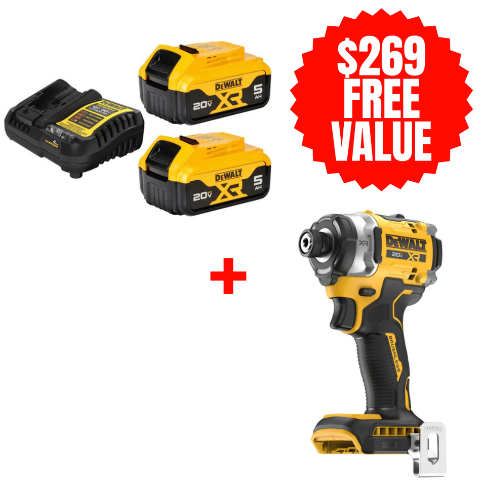 DCB205-2C + DCF860B, 20V MAX XR Premium Lithium-Ion 5Ah Starter Kit + FREE 20V MAX XR Brushless Cordless 3-speed High Torque 1/4 In. Impact Driver (Tool Only)
