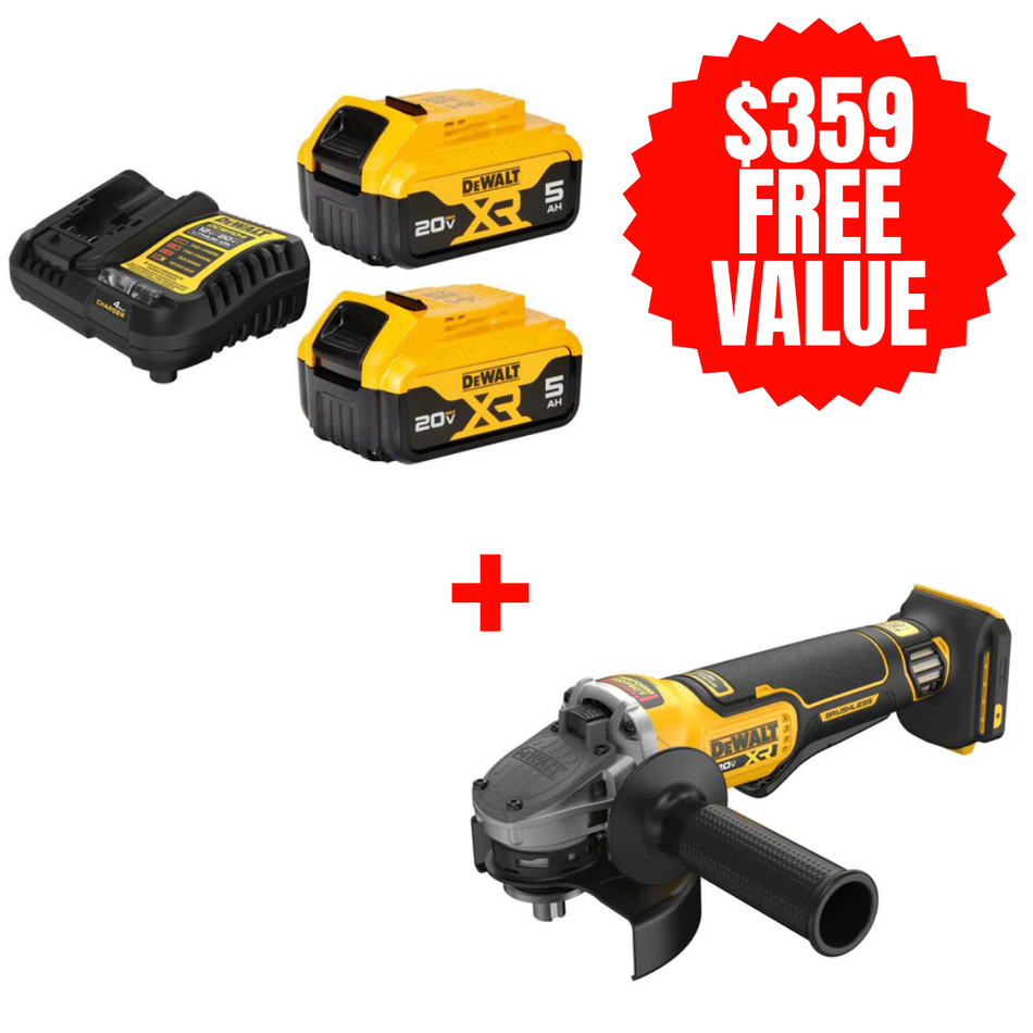 DCB205-2C + DCG410B, 20V MAX XR Premium Lithium-Ion 5Ah Starter Kit + FREE 20V MAX* XR® BRUSHLESS CORDLESS 4-1/2 - 5 IN. ANGLE GRINDER (TOOL ONLY)