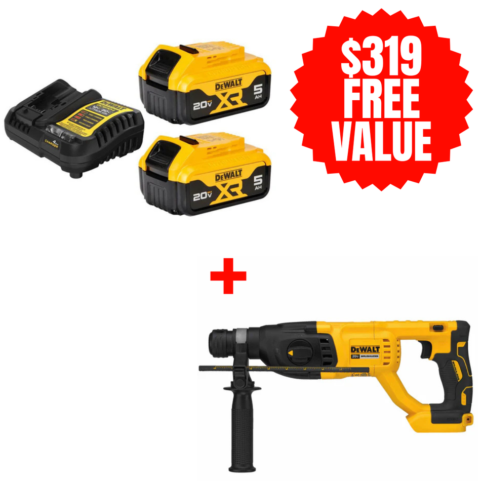 DCB205-2C + DCH133B, 20V MAX XR Premium Lithium-Ion 5Ah Starter Kit + FREE 20V MAX XR Brushless 1 in. D-handle Rotary Hammer (Tool Only)