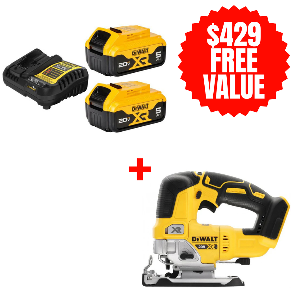 DCB205-2C + DCS334B, 20V MAX XR Premium Lithium-Ion 5Ah Starter Kit + FREE 20V MAX XR BRUSHLESS JIG SAW (Tool Only)