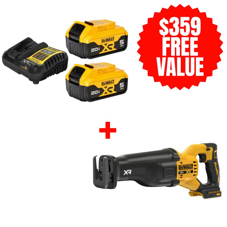DCB205-2C + DCS384B, 20V MAX XR Premium Lithium-Ion 5Ah Starter Kit + FREE 20V MAX* XR® BRUSHLESS CORDLESS RECIPROCATING SAW (TOOL ONLY)