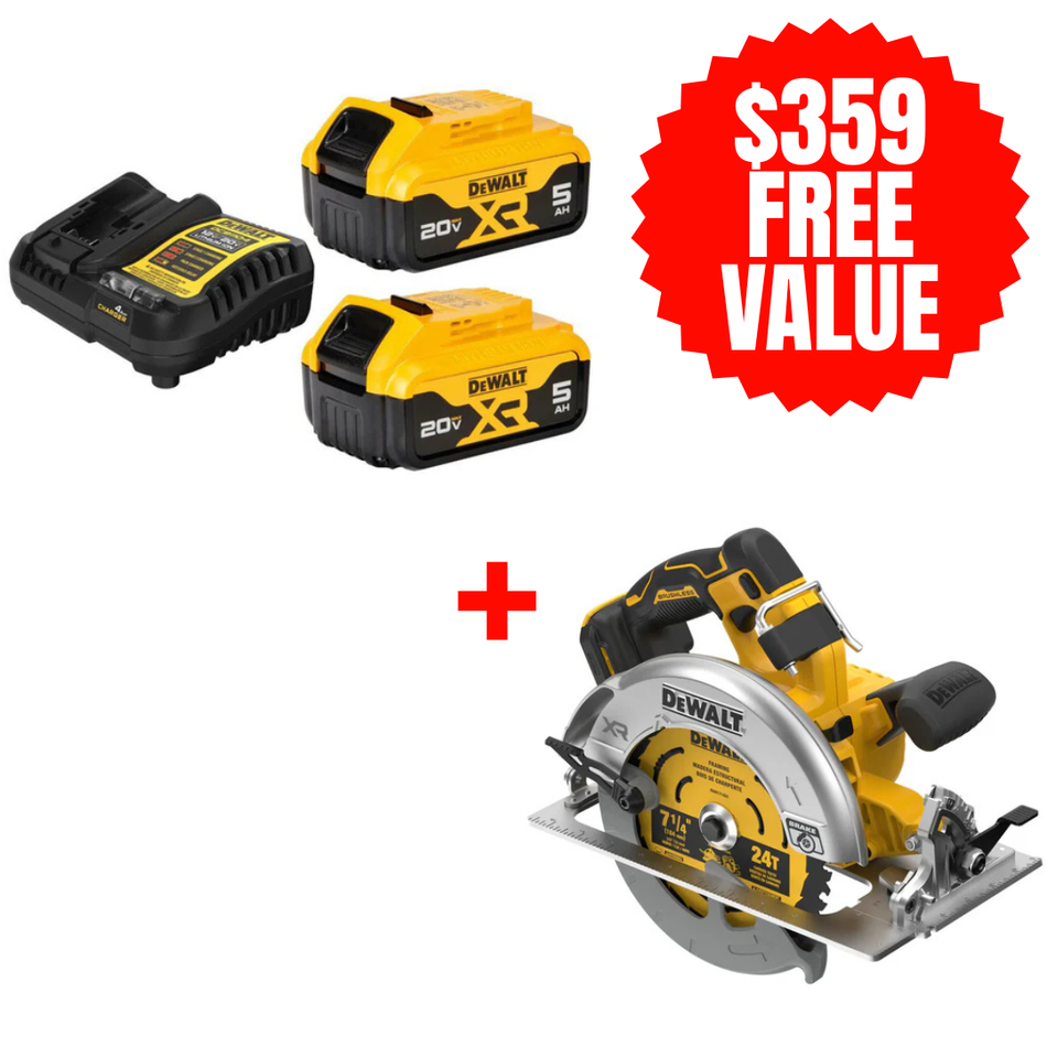 DCB205-2C + DCS590B, 20V MAX XR Premium Lithium-Ion 5Ah Starter Kit + FREE 20V MAX* XR® BRUSHLESS CORDLESS 7-1/4 IN. CIRCULAR SAW (TOOL ONLY)