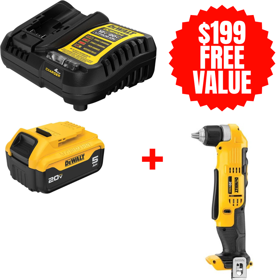 DEWALT DCB205C + DCD740B, 20V MAX 5.0 AH STARTER KIT + FREE 20V MAX Lithium Ion 3/8 Right Angle Drill/Driver (Tool Only)